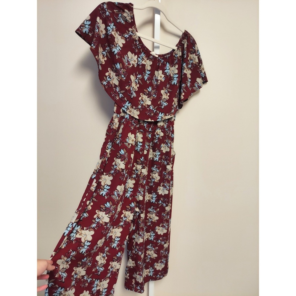 Everly Burgundy Floral Off Shoulder Ruffle Wide Leg Jumpsuit M Cottagecore